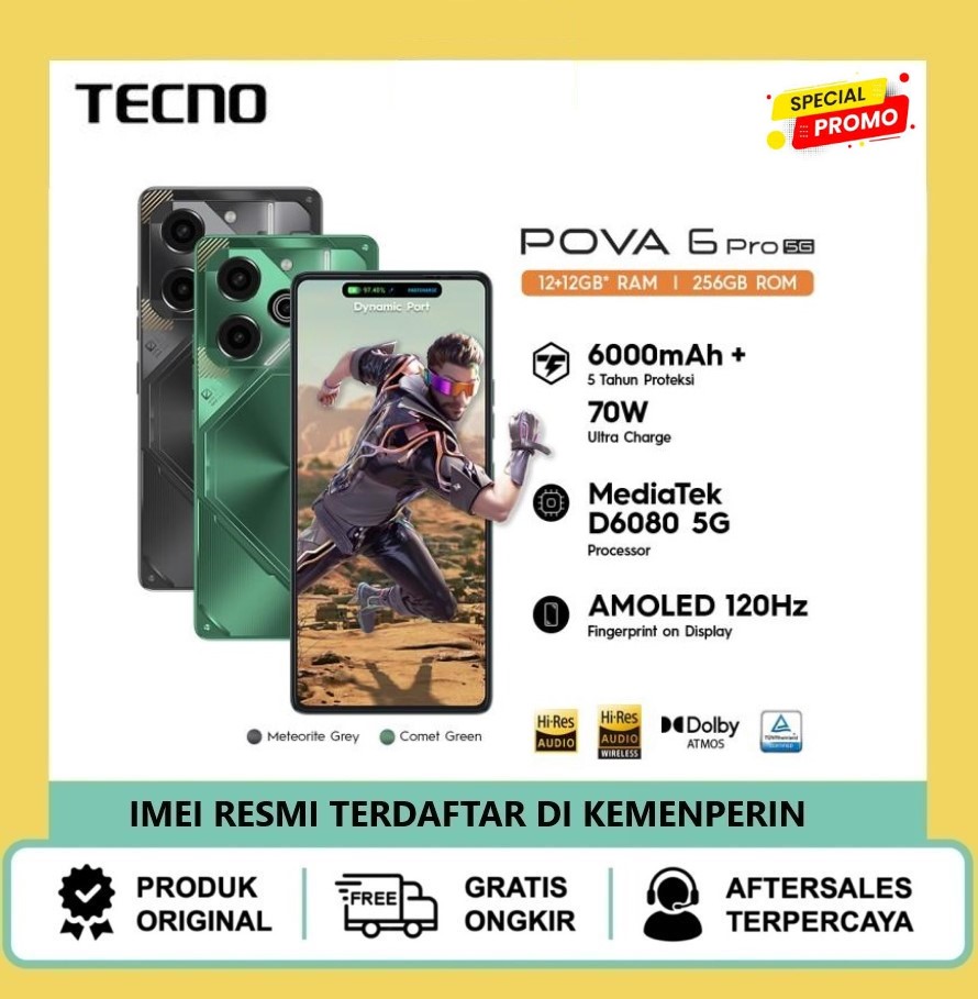 HANDPHONE TECNO POVA 6 Pro 5G - 12/256GB, Mediatek Dimensity 6080 5G Harga 2,999,000 rupiah*Gratis Ongkir