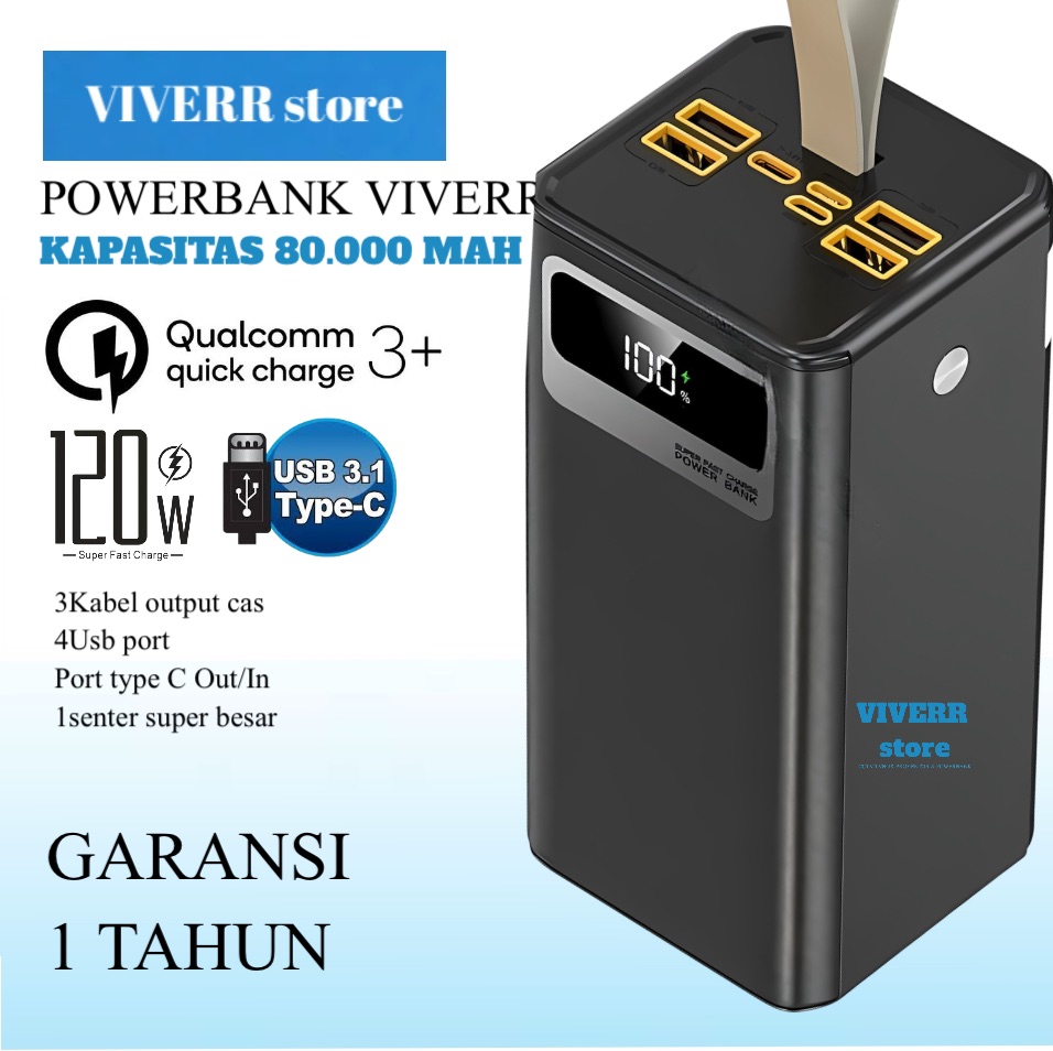Fast Charging Power Bank 2.1A Viverr R18 Capacity 80,000 Mah Original 1 Year Guarantee. Harga  358,000 rupiah*Gratis Ongkir