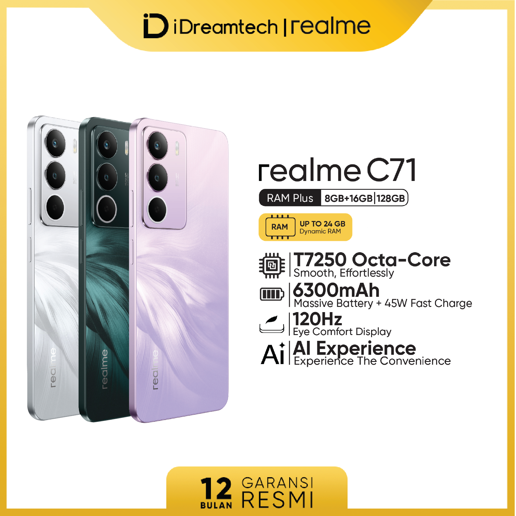 Realme C71 4Gb+128Gb* | 6300Mah Massive Battery & 45W Fast Charge | 120Hz Eye Comfort Display | Ai Experience Harga  1,630,000 Ringgit*Penghantaran Percuma