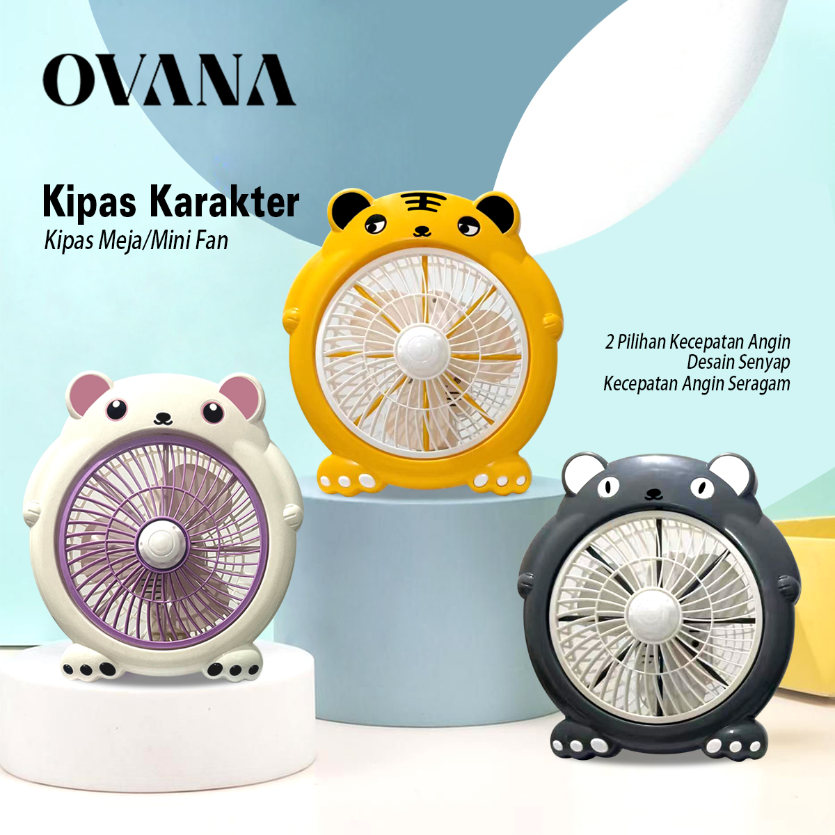 Kipas Angin Meja Portable 10inch dengan Desain Karakter Lucu dan Bahan ABS - Penghijauan Ruangan