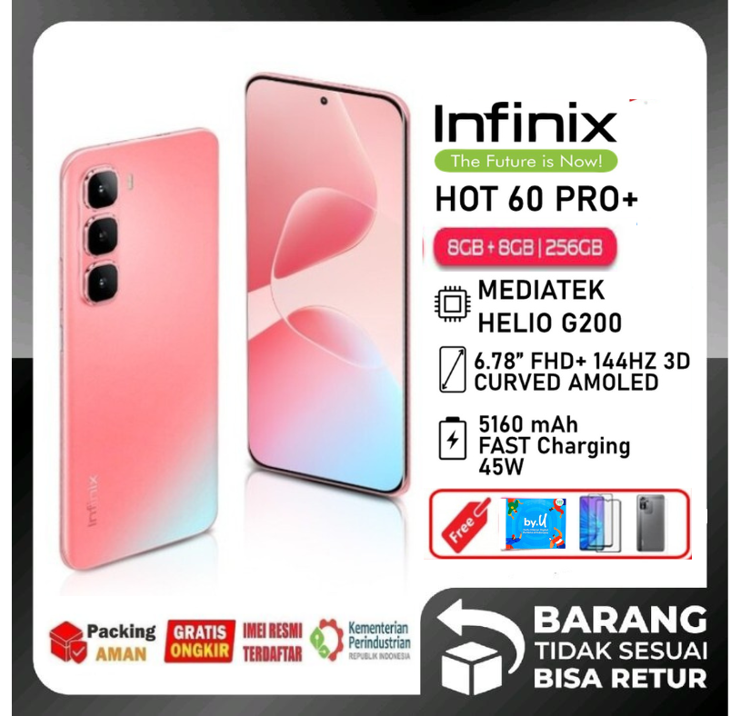 Infinix Hot 60 Pro Plus 8/256GB-up to 16GB extended RAM - Helio G200 - 6.78 inch 1.5K AMOLED - 50MP - 5160 mah-NFC-sleek black Harga  2,250,000 Ringgit*Penghantaran Percuma