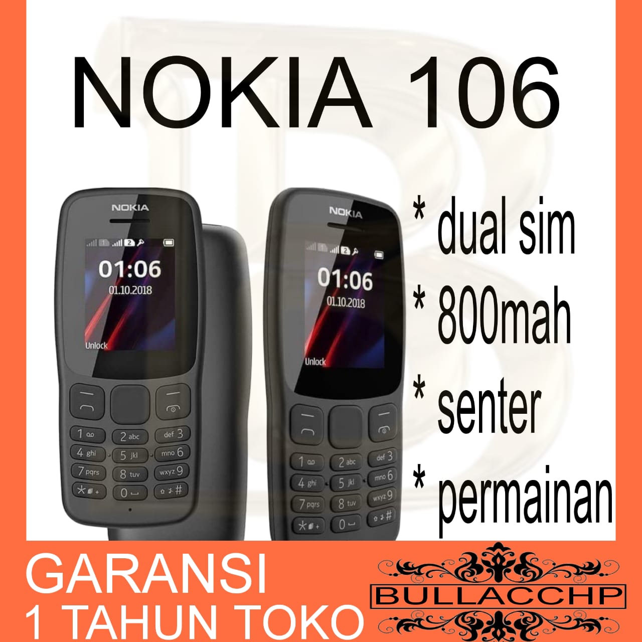 HP NOKIA 106 BARU [BIRU] [GARANSI 1 TAHUN] Dual SIM - HP Jadul Baterai Awet 800mAh + Senter & Game Harga 110,900 rupiah*Gratis Ongkir