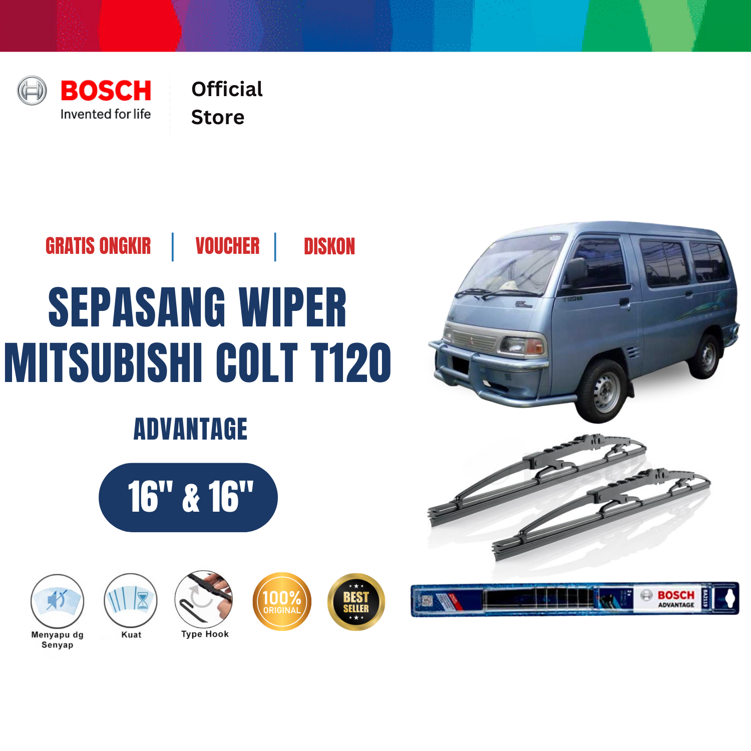 Bosch Sepasang Wiper Kaca Mobil Mitsubishi Colt T120 SS Advantage 16 dan 16 inchi Harga 110,755 rupiah*Gratis Ongkir