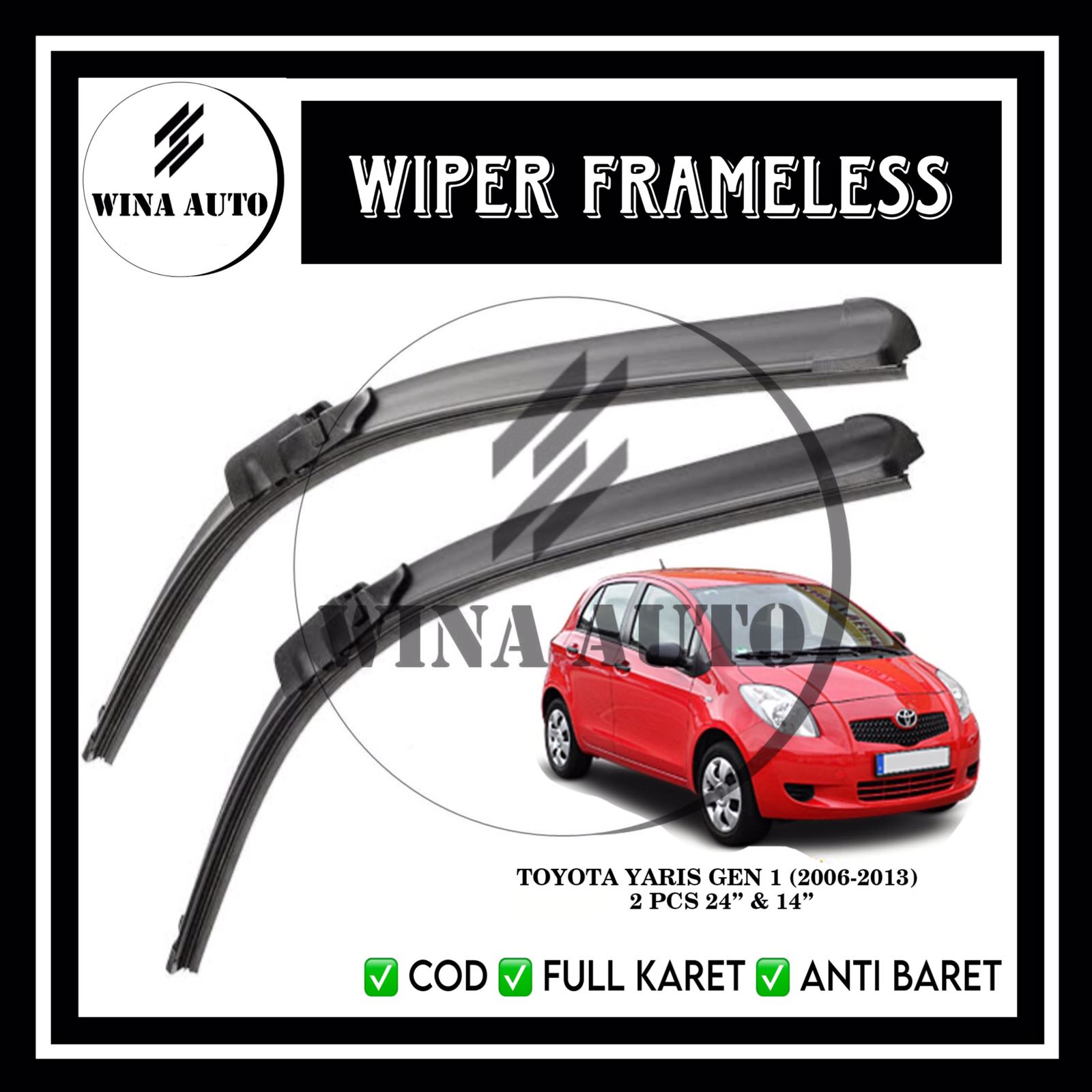 Wiper Mobil Depan Kanan Kiri Full Karet anti Baret Toyota Yaris Wiper Frameless 1 Set Wina Auto Harga 69,000 rupiah*Gratis Ongkir