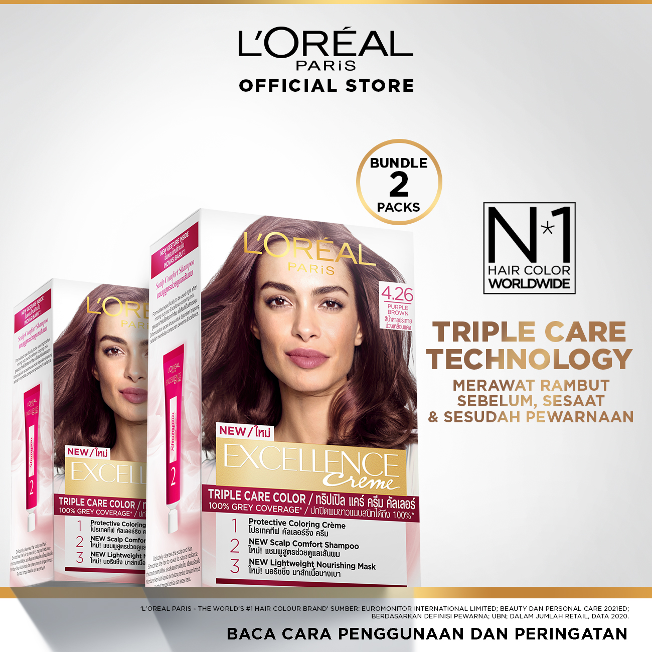 (Save pack of 2) L'Oreal Paris Excellence Creme Triple Care hair color #4.26 purple brown (cat/permanent hair dye) Harga 234,500 rupiah*Gratis Ongkir