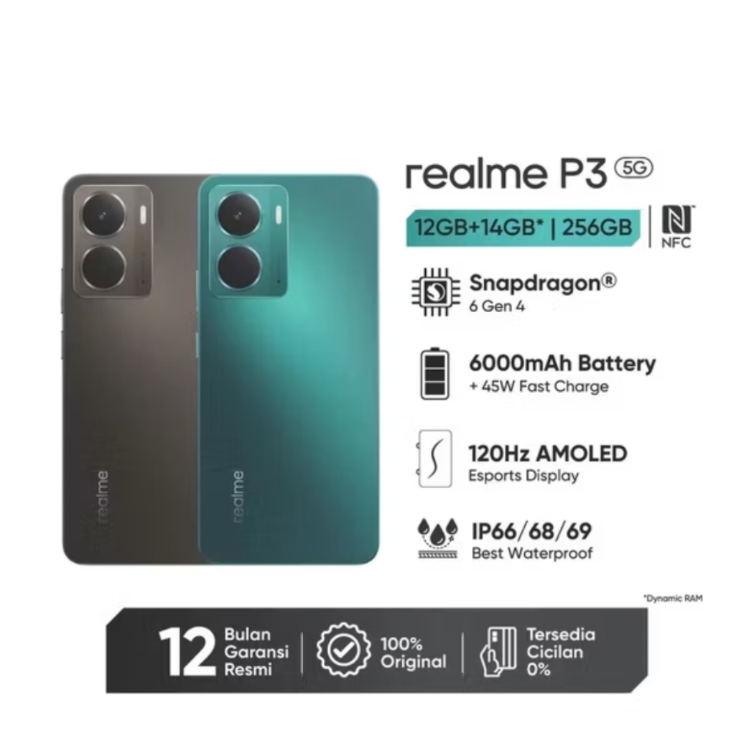 realme P3 5G NFC (12/256GB) Extended RAM Upto 14 GB - Snapdragon 6 Gen 4 - Baterai 6000mAh - FastCharge 45W Garansi Resmi 1 Tahun Harga  3,823,000 Ringgit*Penghantaran Percuma
