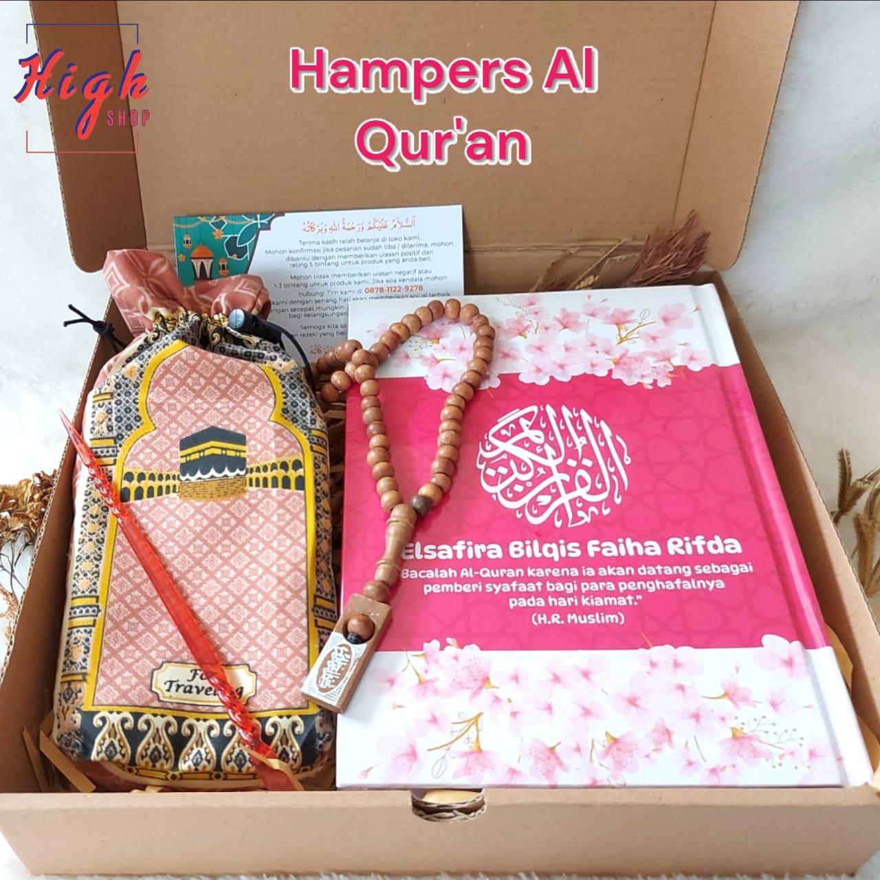Hampers (Free to Write Name on Cover) Custom Al Quran Plus Sajadah Tasbih Free Greeting Card pernikaha…