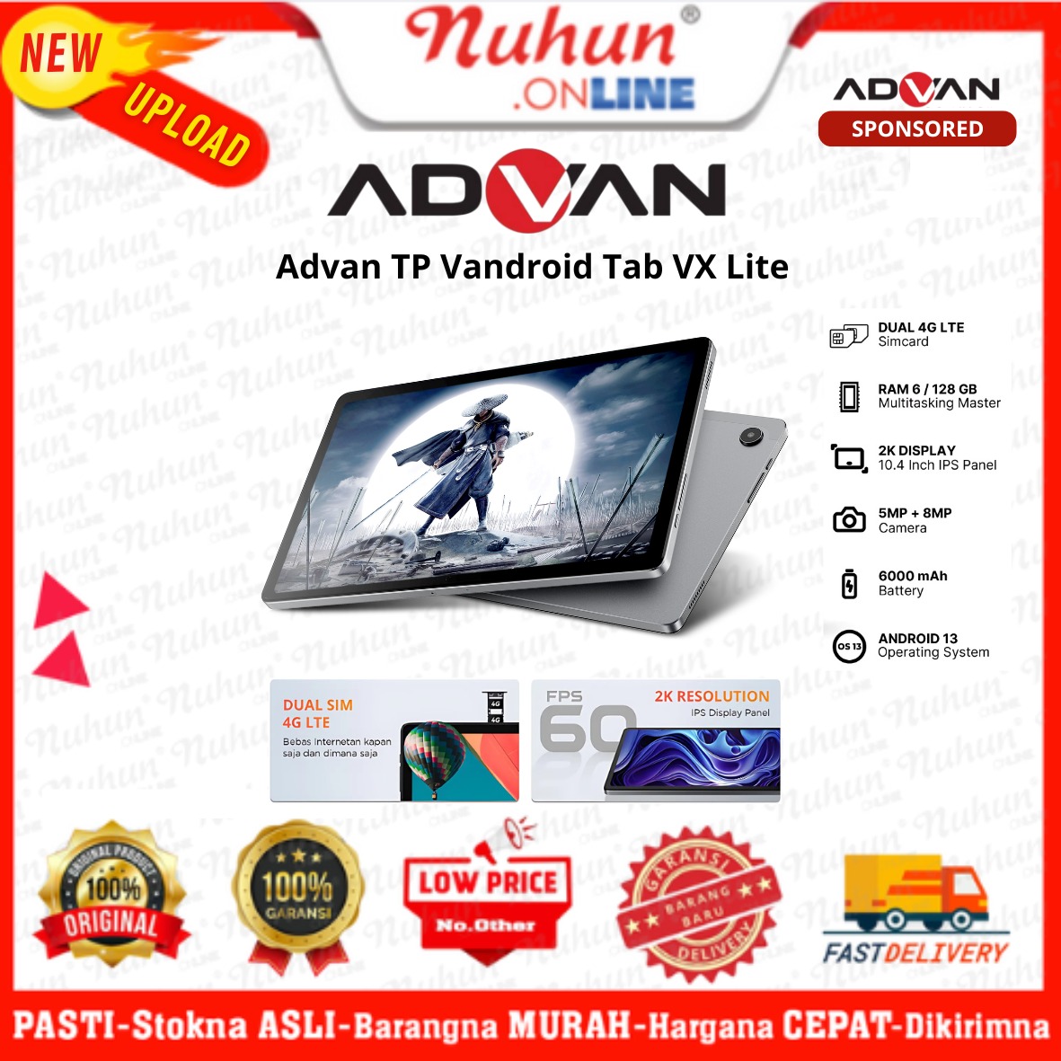 Advan TP Vandroid Tab VX Lite 6GB / 128GB 10.4" Octa Core 2.0Ghz Dual Sim Card 4G LTE Harga 1,918,600 rupiah*Gratis Ongkir