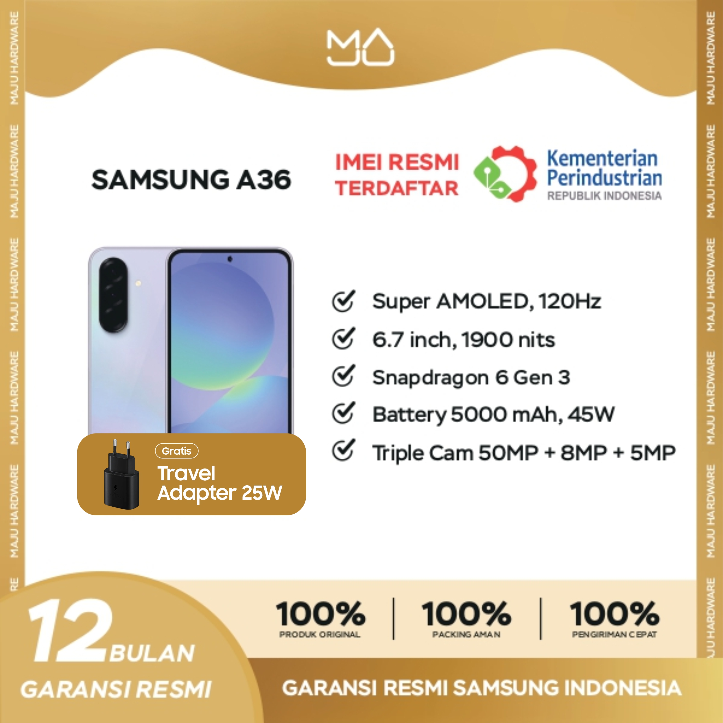 Samsung Galaxy A36 5G 8/256GB - Garansi Resmi FREE ADAPTOR 25WATT Giá 5,088,000 Đồng*Miễn phí vận chuyển