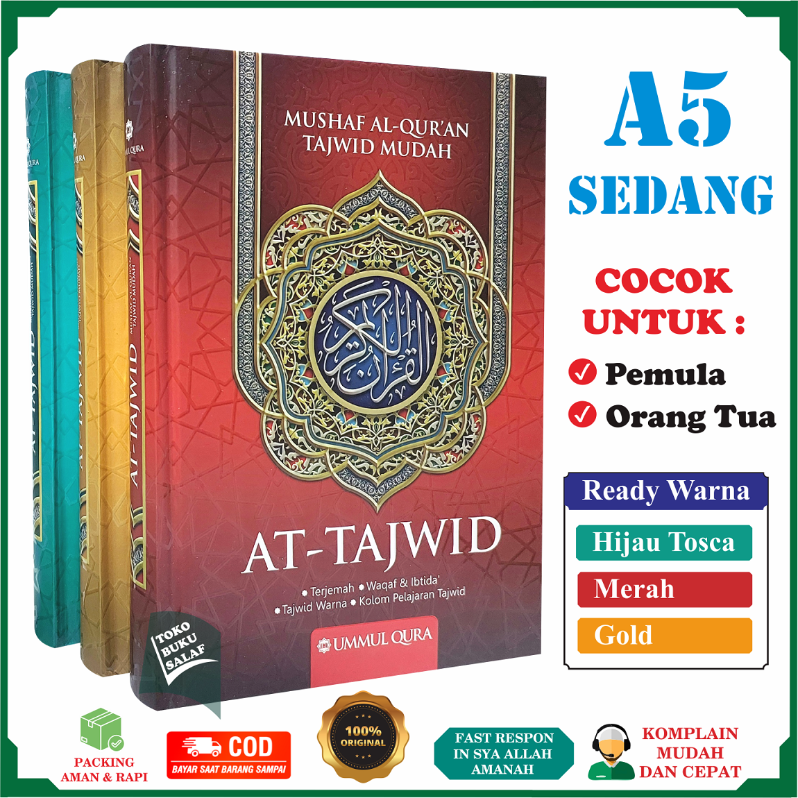 Al-Quran At Tajwid A5 HC SEDANG Mushaf Al Qur'an At-Tajwid Warna Mudah Terjemah Waqaf Ibtida' Kolom Pe…