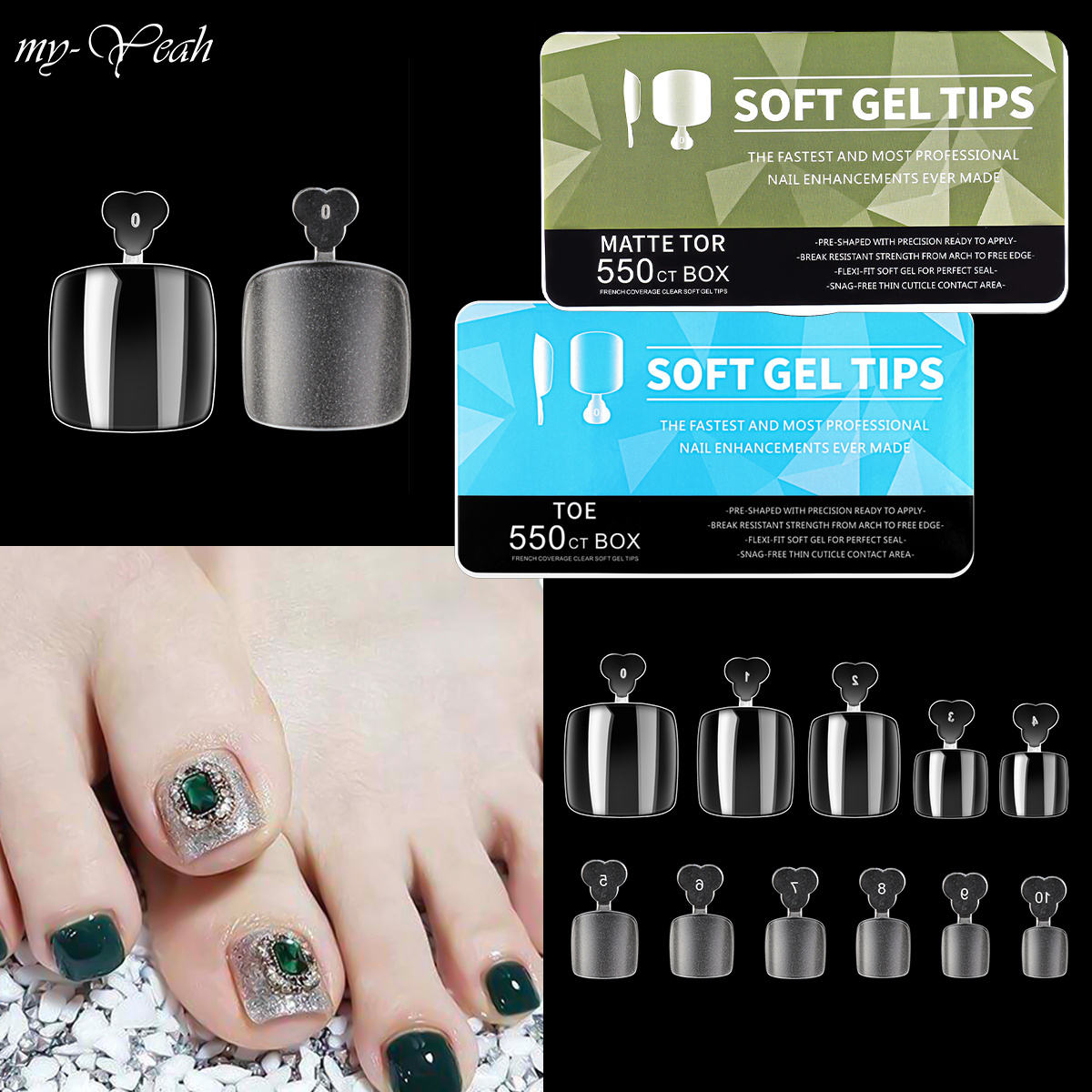 Myyeah 550Pcs Box Artificial Nail False Toe Nails Clear Full Cover Fake