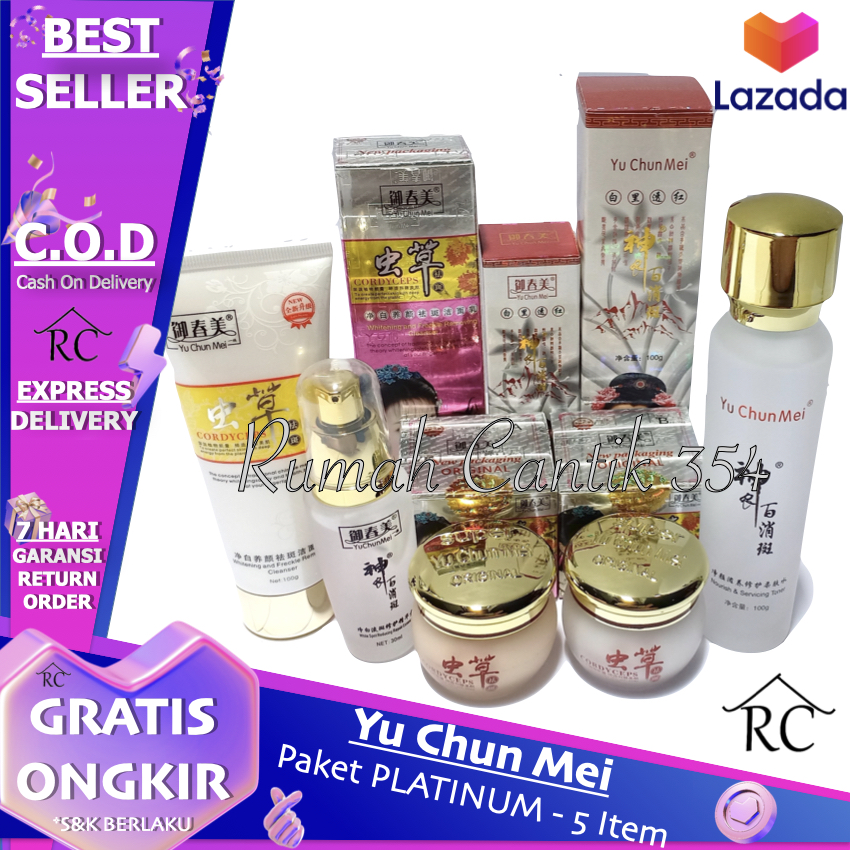 Cordyceps Yu Chun Mei Paket PLATINUM Lengkap 5 in 1 Krim Herbal Siang dan Malam Sabun Toner dan Serum…