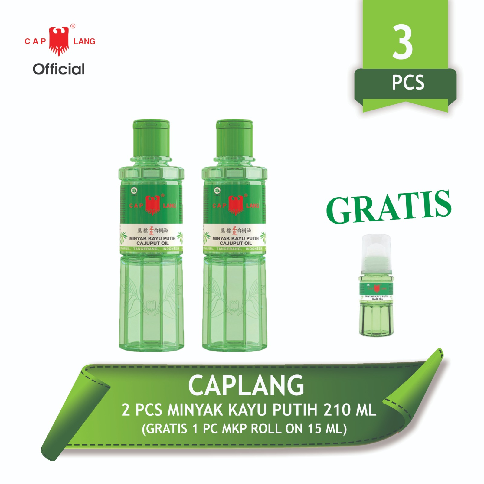Cap Lang 2 pcs Minyak Kayu Putih 210ml Gratis 1 pcs MKP Roll On 15ml Harga 140,000 rupiah*Gratis Ongkir