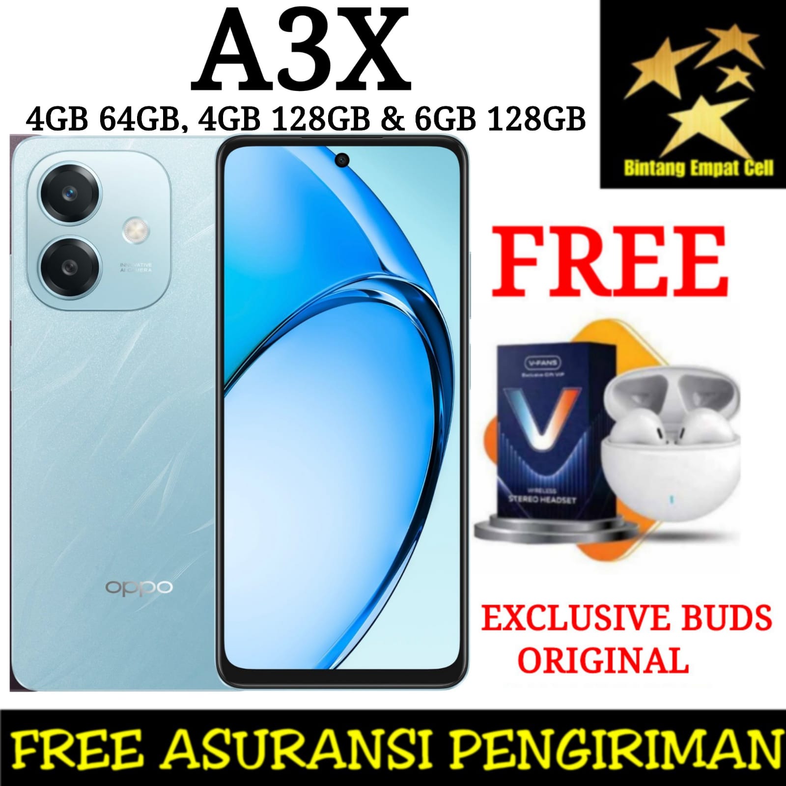 OPPO A3X 4/64 & 4/128 & 6/128 GARANSI RESMI Giá 1,799,000 Đồng*Miễn phí vận chuyển