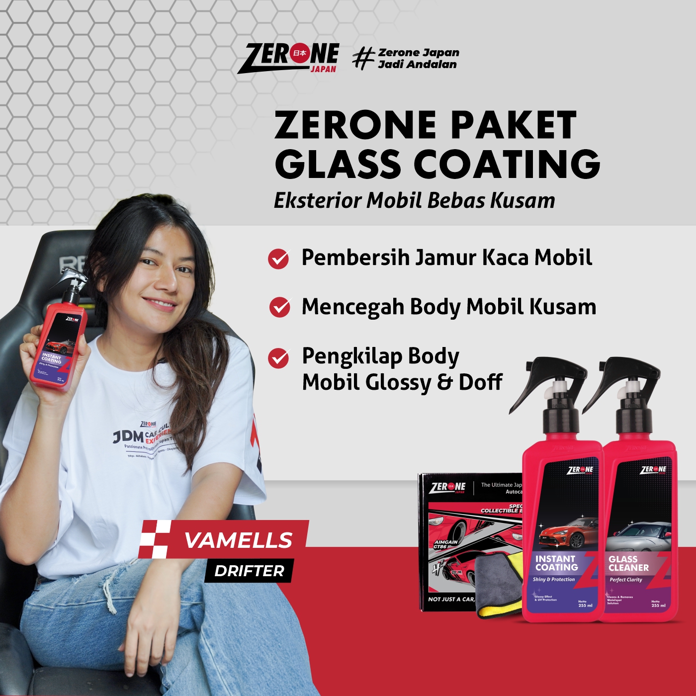 Paket Glass Coating Vamells Drifter Pengkilap Body & Pembersih Jamur Kaca Zerone Japan Original Harga 99,000 rupiah*Gratis Ongkir