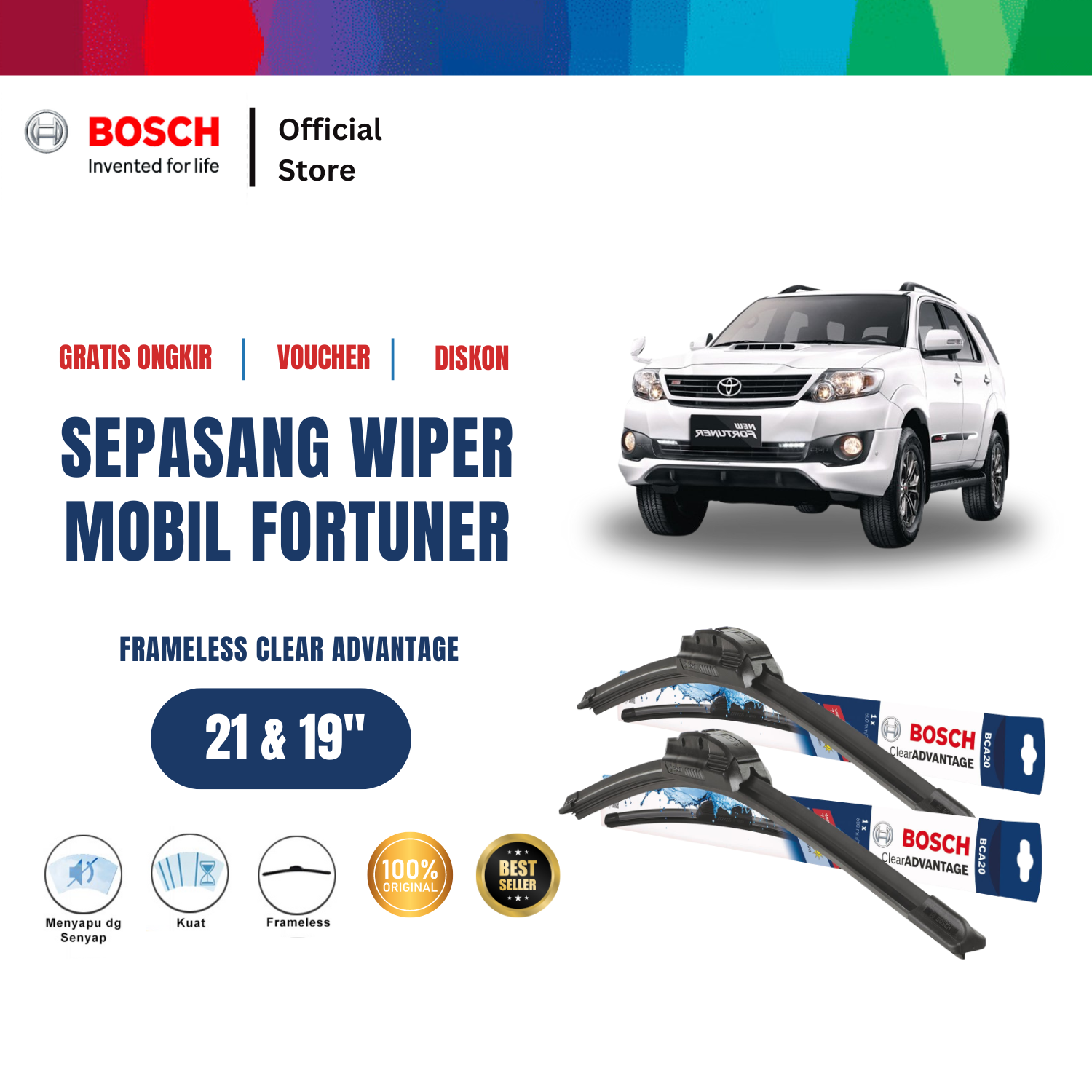 Bosch Sepasang Wiper Mobil Toyota Fortuner Frameless New Clear Advantage 21 dan 19 inchi Giá 209,440 Đồng*Miễn phí vận chuyển