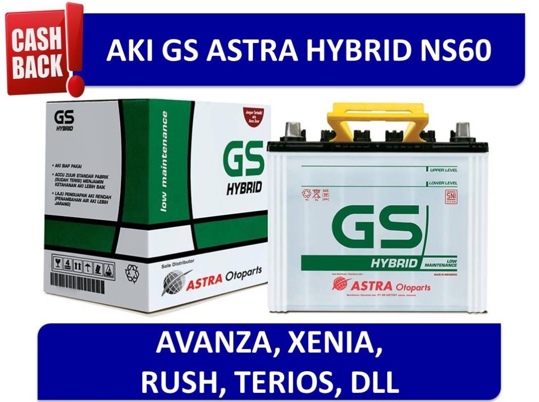 AKI GS ASTRA Hybrid ASLI ORIGINAL TYPE NS60 12 VOLT 45 AMPERE Ah aki mobil Toyota Avanza Grand New Avanza Avanza Veloz Grand New Veloz Rush Daihatsu Xenia Grand New Xenia Terios Gran Max Suzuki APV Swift Harga 955,000 rupiah*Gratis Ongkir