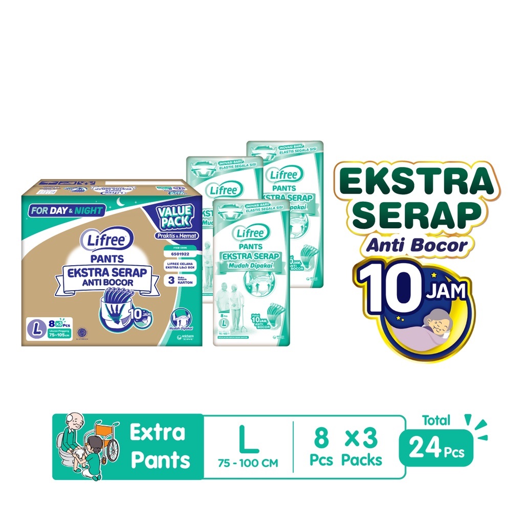 Lifree Popok Dewasa Celana Ekstra Serap L8 isi 3 bags [Karton] Harga 155,900 rupiah*Gratis Ongkir