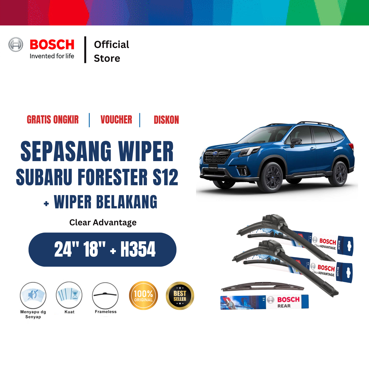 Bosch Wiper Depan dan Belakang Mobil Subaru Forester S12 Frameless New Clear Advantage 24 - 18 Inci dan H354 Harga 316,030 rupiah*Gratis Ongkir