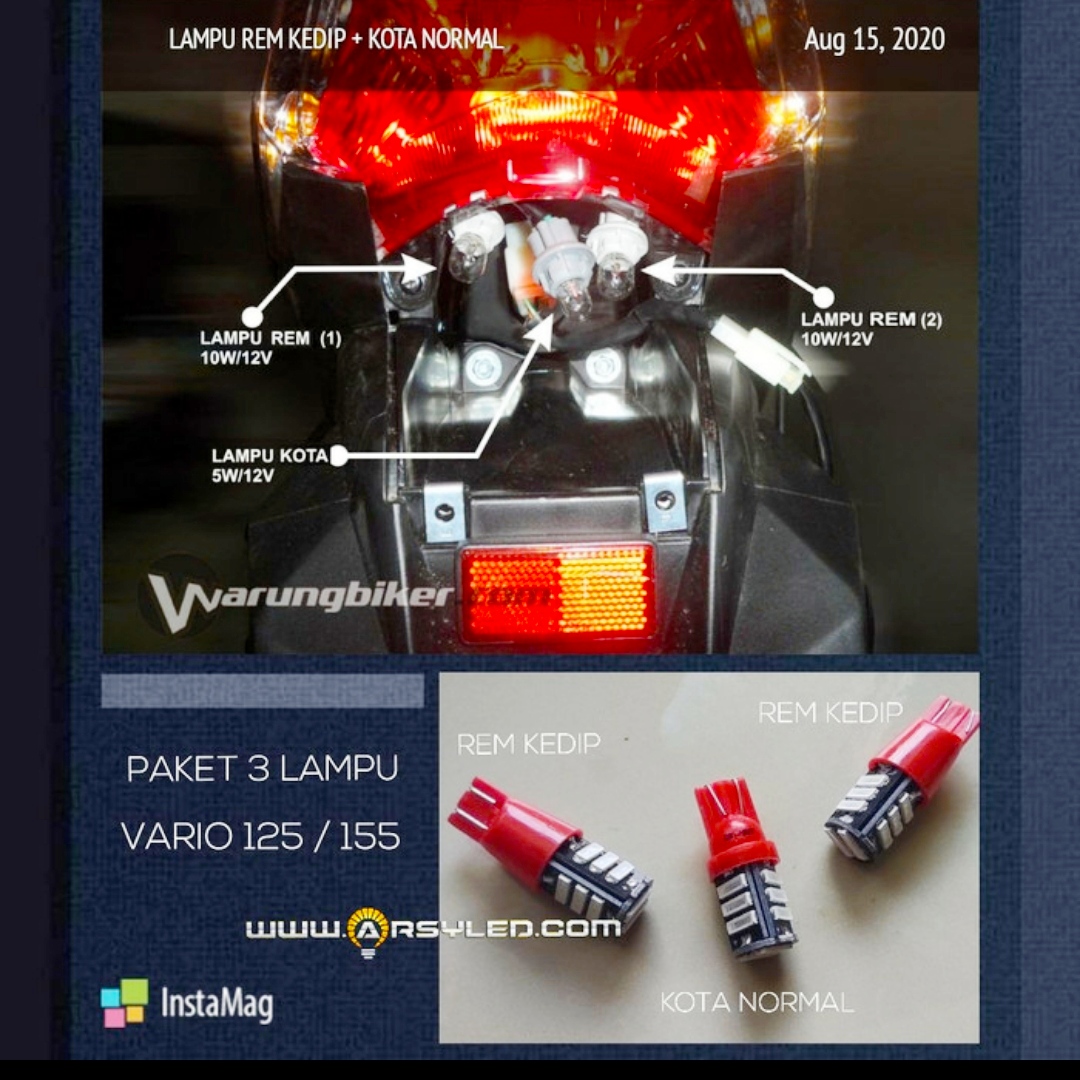 ARSYLED Lampu LED Belakang Variasi Motor Vario 125 155 Rem Strobo isi 3 buah Super Terang T10 7014 Harga 60,000 Ringgit*Penghantaran Percuma