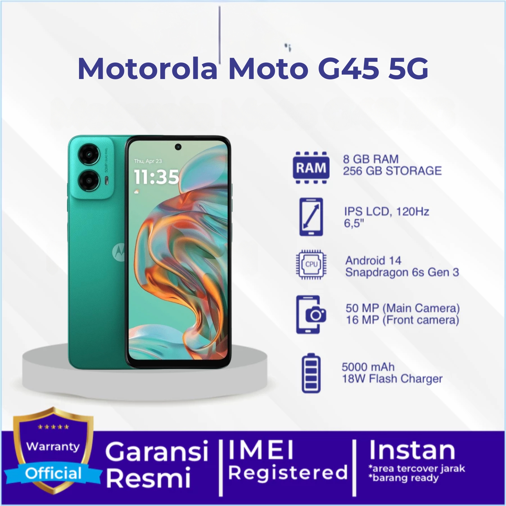 Motorola Moto G45 5G 8/256 GB garansi resmi - Up to 16GB Extended RAM - Snapdragon 6s Gen 3 - 6.5 inch Screen Size - Gorilla Glass 3 Green Color Giá 2,999,900 Đồng*Miễn phí vận chuyển