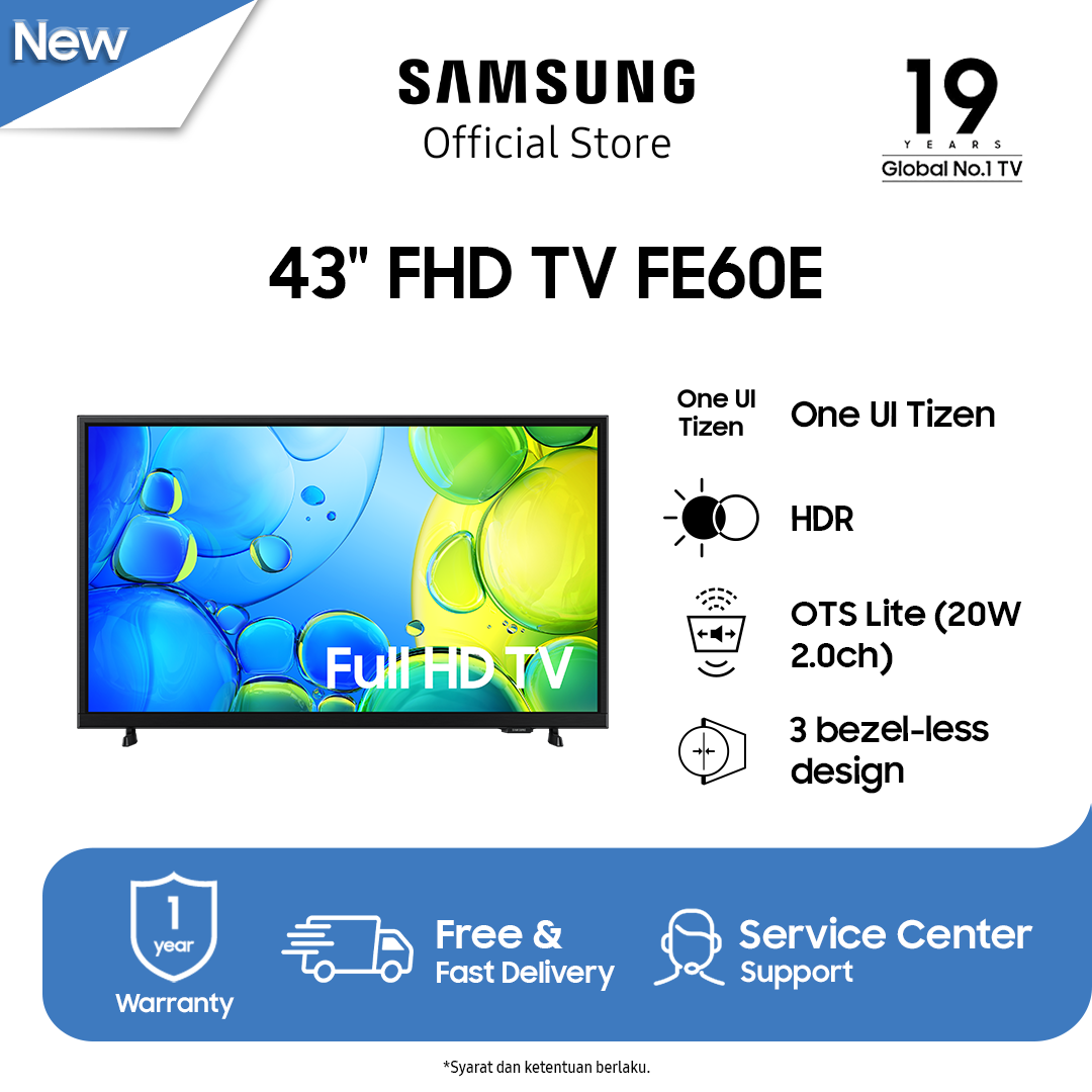 Samsung 43" FHD FE60E TV | HDR | OTS Lite | One UI Tizen | UA43FE60EFKXXD - Merek Samsung Harga 2,954,000 rupiah*Gratis Ongkir