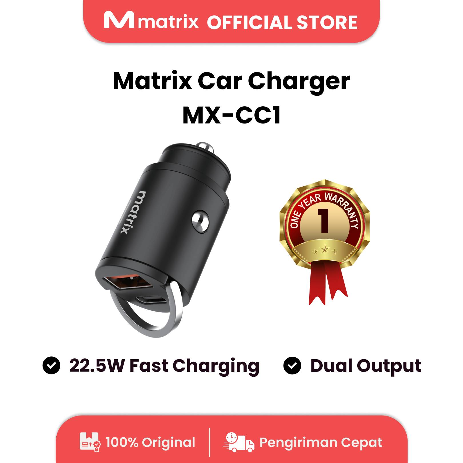 Matrix Car Charger Car/Motorcycle USB Type C & a Port Fast Charging Mx-Cc1 Harga 88,209 rupiah*Gratis Ongkir