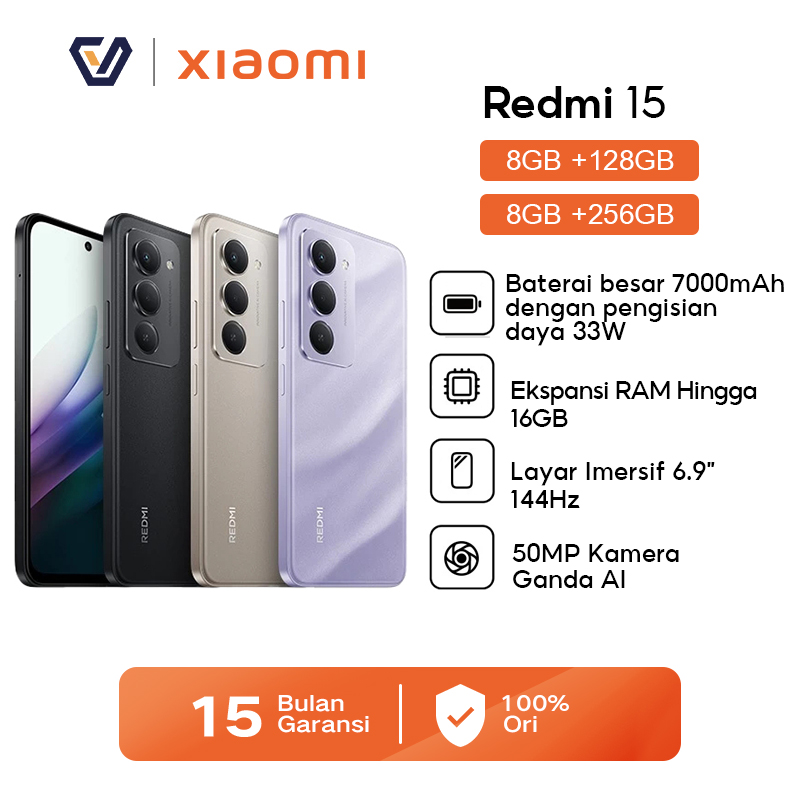 Official Xiaomi Redmi 15 (8Gb/128Gb) (8Gb/256Gb) Large 7000Mah Battery with 33W Charging | Ram Expansion up to 16Gb | 6.9-Inch 144Hz Immersive Display | 50Mp Dual Ai Camera Giá 2,079,000 Đồng*Miễn phí vận chuyển