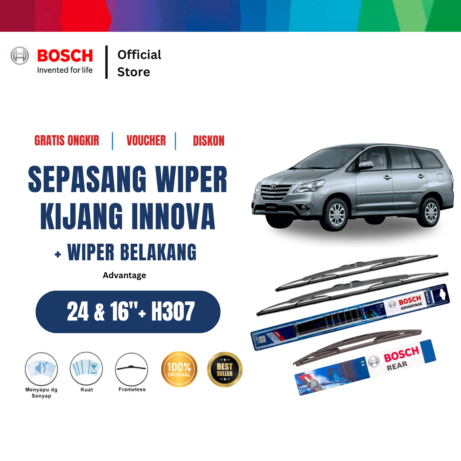 Bosch Wiper Advantage Depan dan Belakang Mobil Toyota Kijang Innova Set 24 dan 16 inchi dan H307 12 inchi Harga  226,100 Ringgit*Penghantaran Percuma
