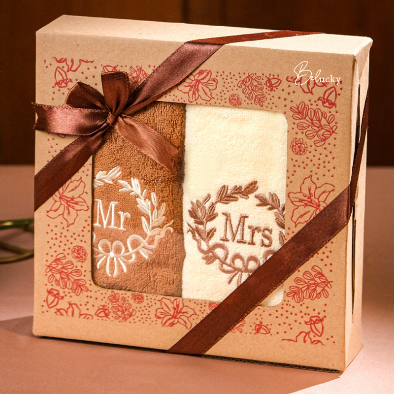 Couple Towels Hampers Ready for Embroidery Couple Gift Set Wedding Gift Box Wedding Gift + Box + Greeting Card - Ribbon