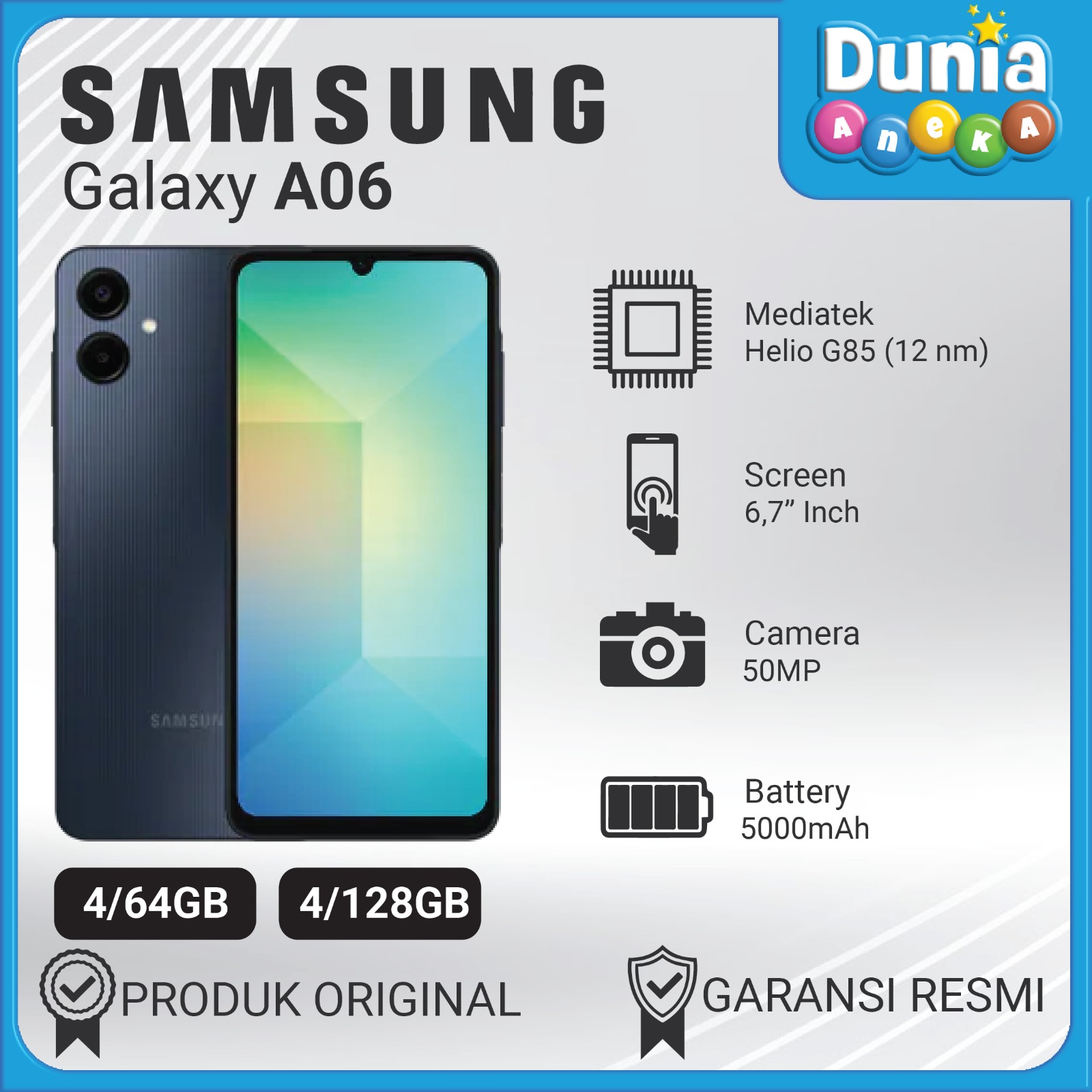 HP Samsung Galaxy A06 (4GB/64GB & 4/128GB) - Layar 6.7", Kamera 50MP, Baterai Awet - Garansi Resmi Giá 1,599,000 Đồng*Miễn phí vận chuyển