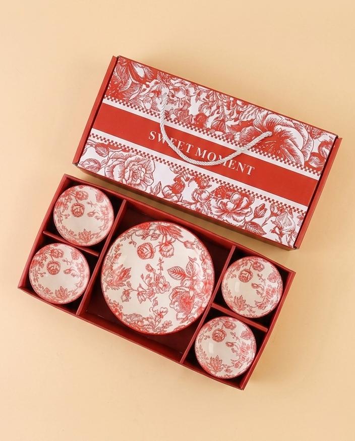 Japanese Ceramic Bowl Plate Set, hadiah Hamper Bowl Set, Comes with Bamboo Chopsticks