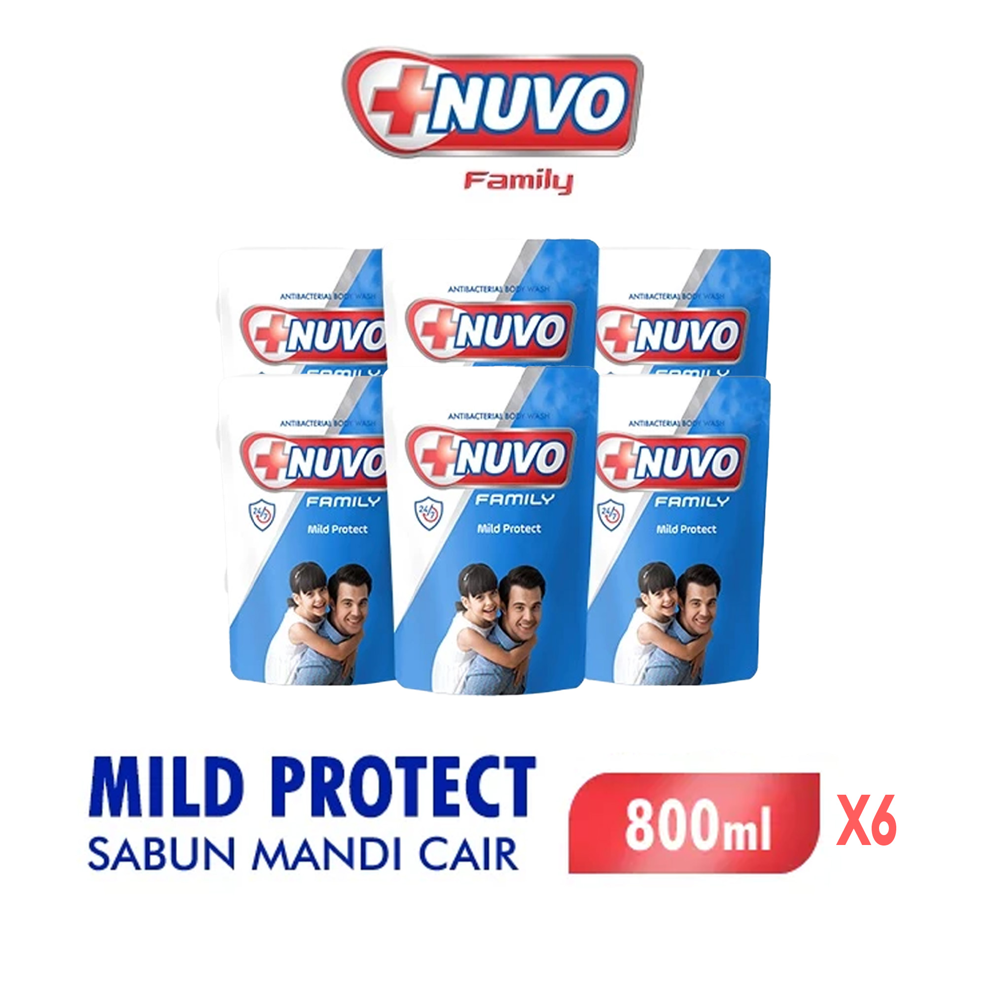 Paket isi 6 NUVO Sabun Mandi Cair Mild Protect Pouch 800ml