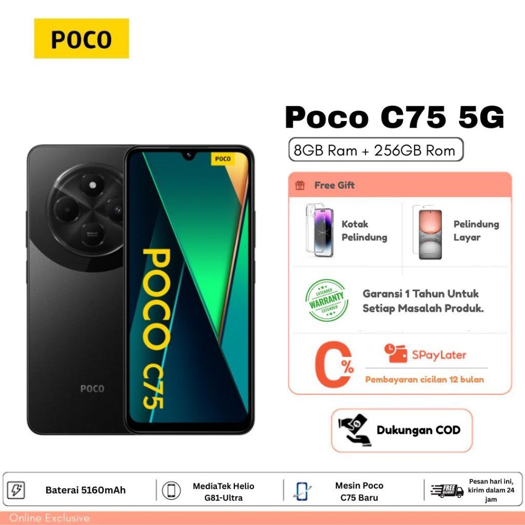 Poco C75 8Gb Ram + 256Gb Rom / 6.88 Inch 120Hz Display / 5160Mah Battery / Nfc Support / Smartphone Harga 1,259,000 rupiah*Gratis Ongkir