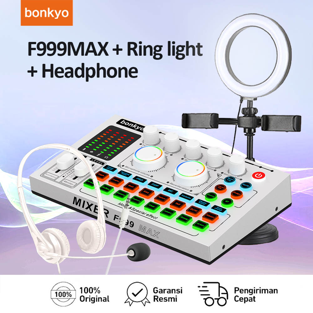 Bonkyo F999Max Sound Card + Earphones + Fill Light Live Broadcast Equipment Full Set Bluetooth Live Sound Card F999Max Sound Card Audio Live Mixer for Live Broadcast Karaoke Harga 349,900 rupiah*Gratis Ongkir