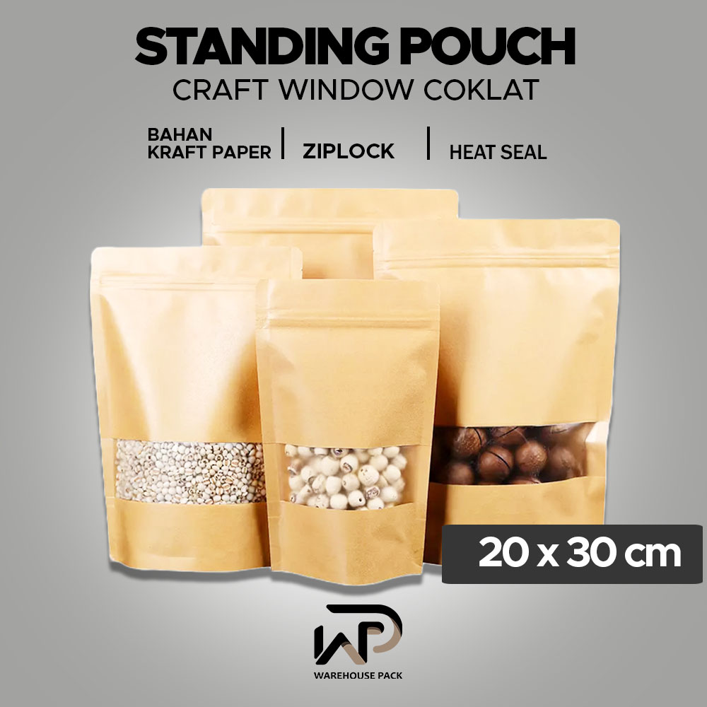 50 pcs Standing Pouch Kraft Paper Window Coklat 20 x 30 cm