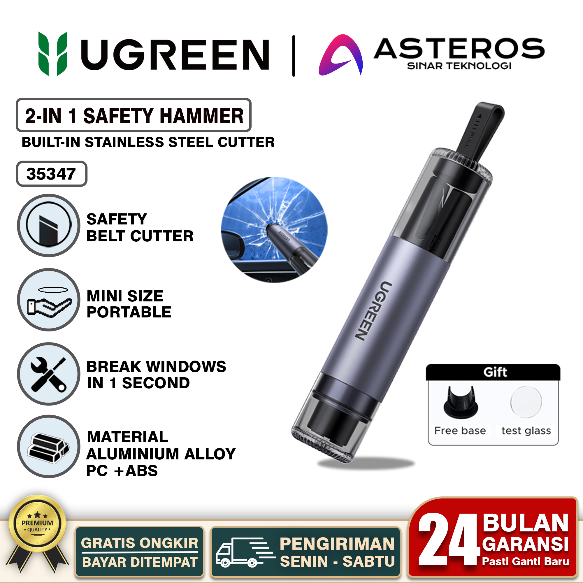 UGREEN Emergency Hammer Pemecah Kaca Jendela With Cutter 35347 Harga 104,000 rupiah*Gratis Ongkir