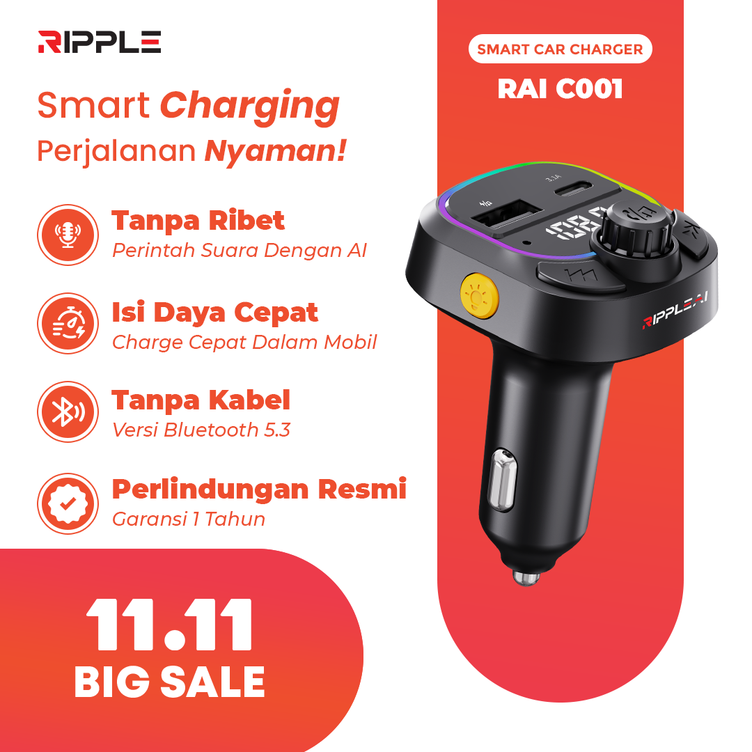 Ripple AI Car Charger 2 port fast charging USB chargers FM & Bluetooth transmitter voice control MP3 Harga 93,450 rupiah*Gratis Ongkir