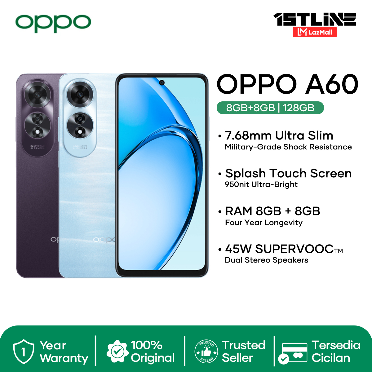 Oppo A60 (8/128Gb) (8/256Gb) - Official Oppo Indonesia Warranty Giá 2,699,000 Đồng*Miễn phí vận chuyển