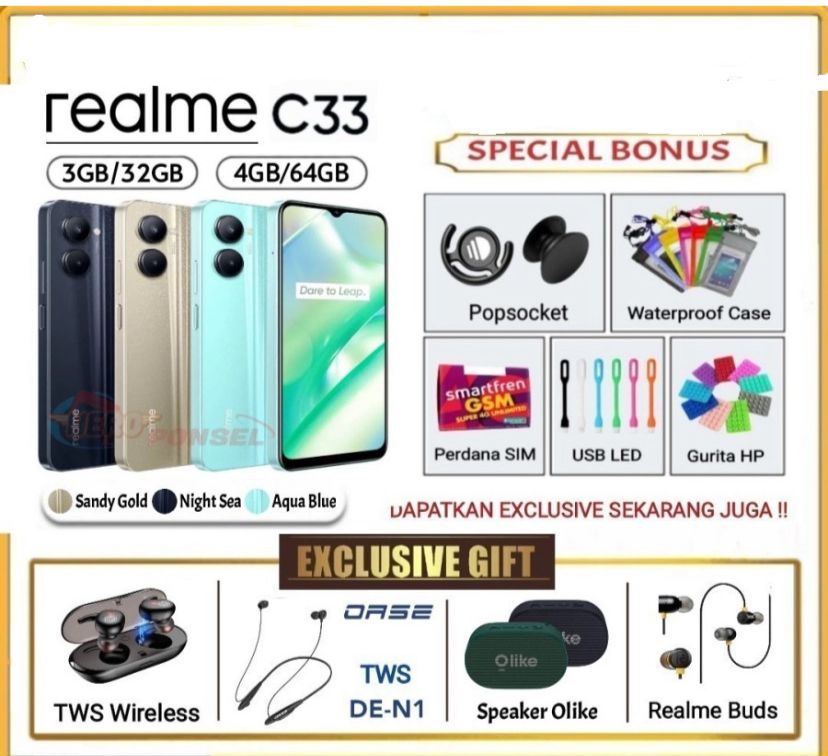 BIG SALE !!! HP REALME C33 RAM 4/128 GARANSI RESMI Giá 1,575,000 Đồng*Miễn phí vận chuyển