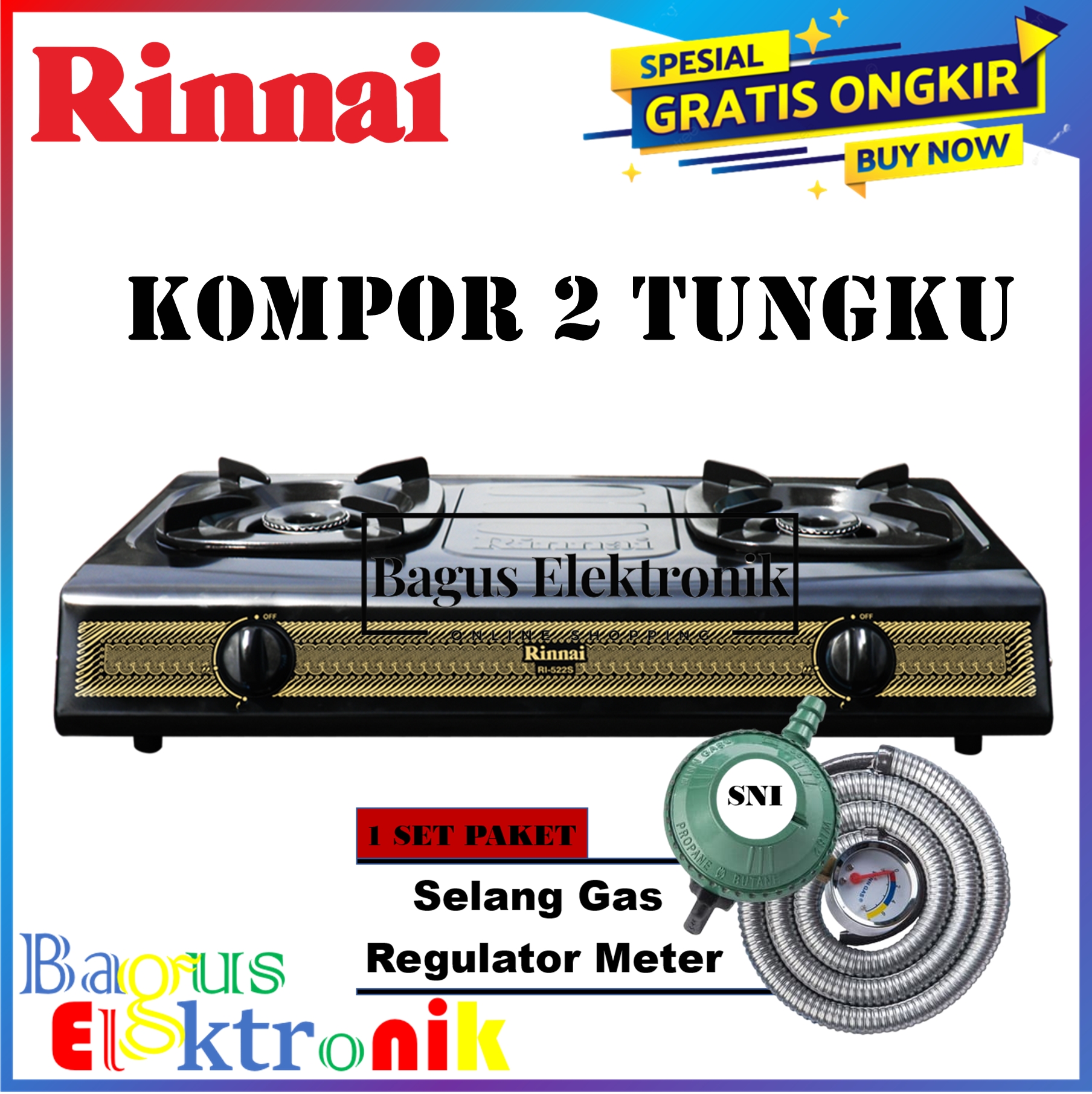 Rinnai RI 522 S Kompor Gas Stove Teflon 2 Tungku Bonus Selang Gas 1.8 Meter SNI Harga  372,150 rupiah*Gratis Ongkir