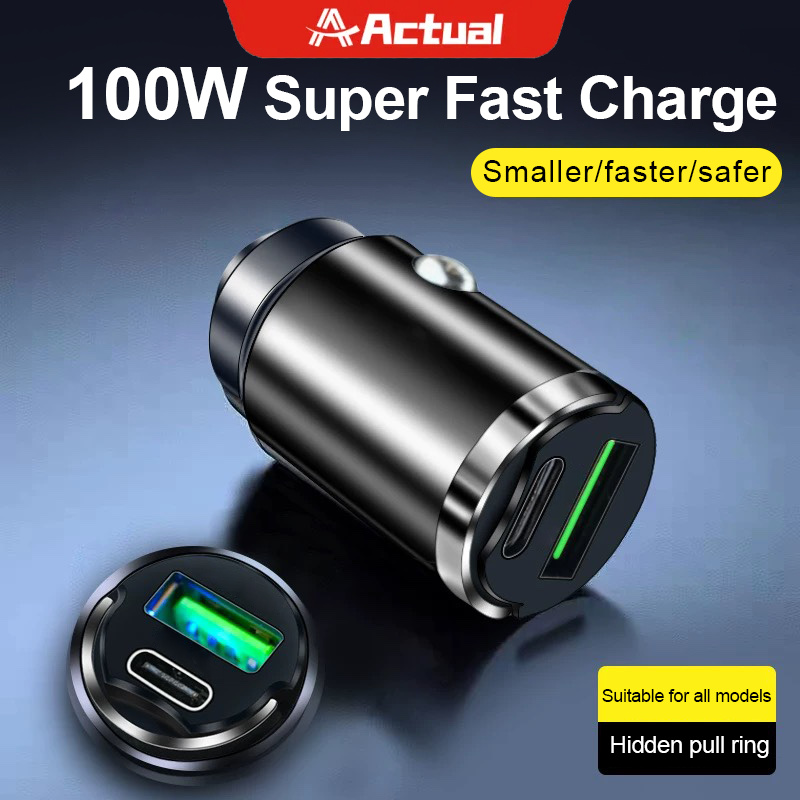 Actual Car Charger Dual Port 12-24V For Laptop Tablet Quick Charging Mobil 100W Quick Charger USB Type-C Car Chargers Harga 43,000 rupiah*Gratis Ongkir