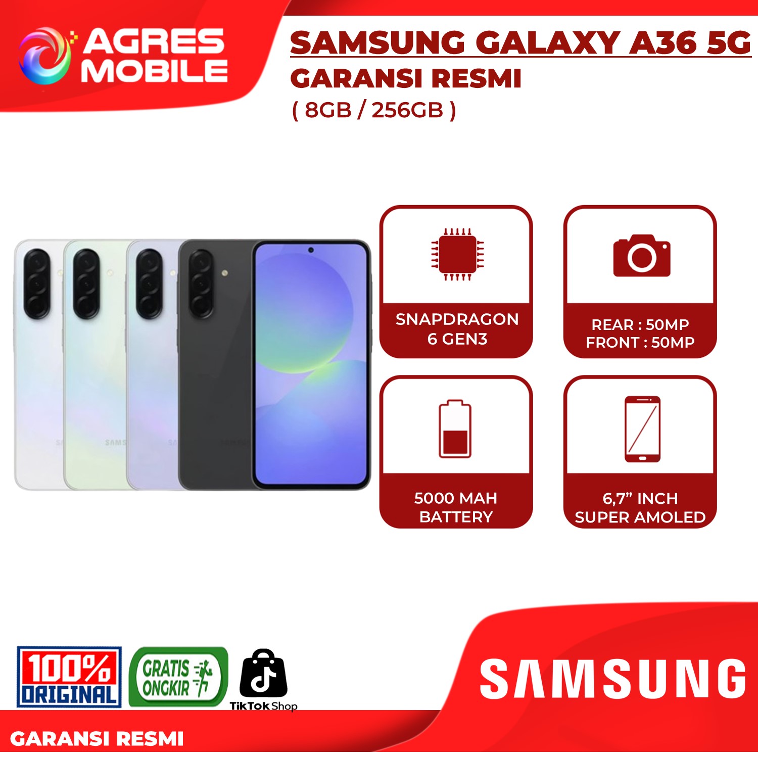 Samsung Galaxy A36 5G 8GB/256GB Garansi Resmi Samsung Indonesia Harga  4,599,000 Ringgit*Penghantaran Percuma