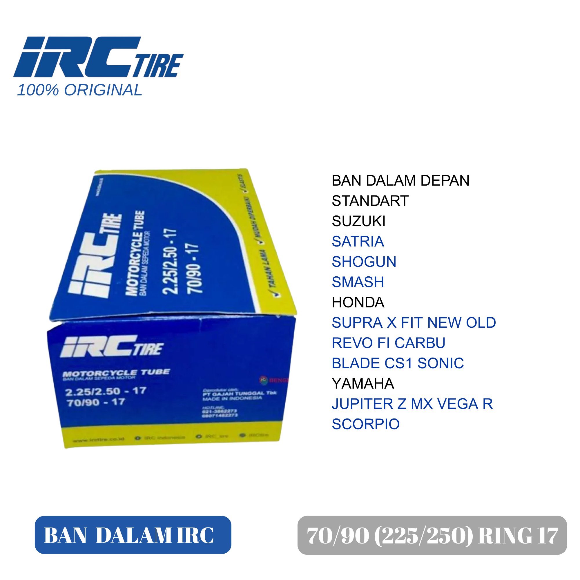 Inner Tube ring 17 70/90 (225/250) for supra X Revo Sonic Jupiter Z MX Vega R Satria motorcycle front Harga 40,800 rupiah*Gratis Ongkir