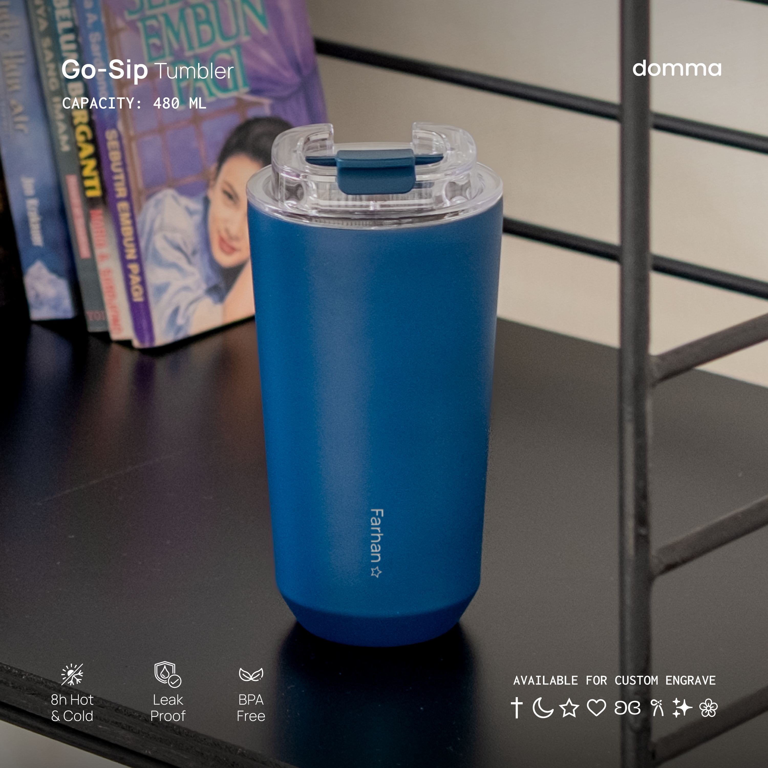 [Domma] Custom Engrave 480 ml Go-Sip Tumbler hadiah Double Wall Stainless Steel Insulated Water Bottle…