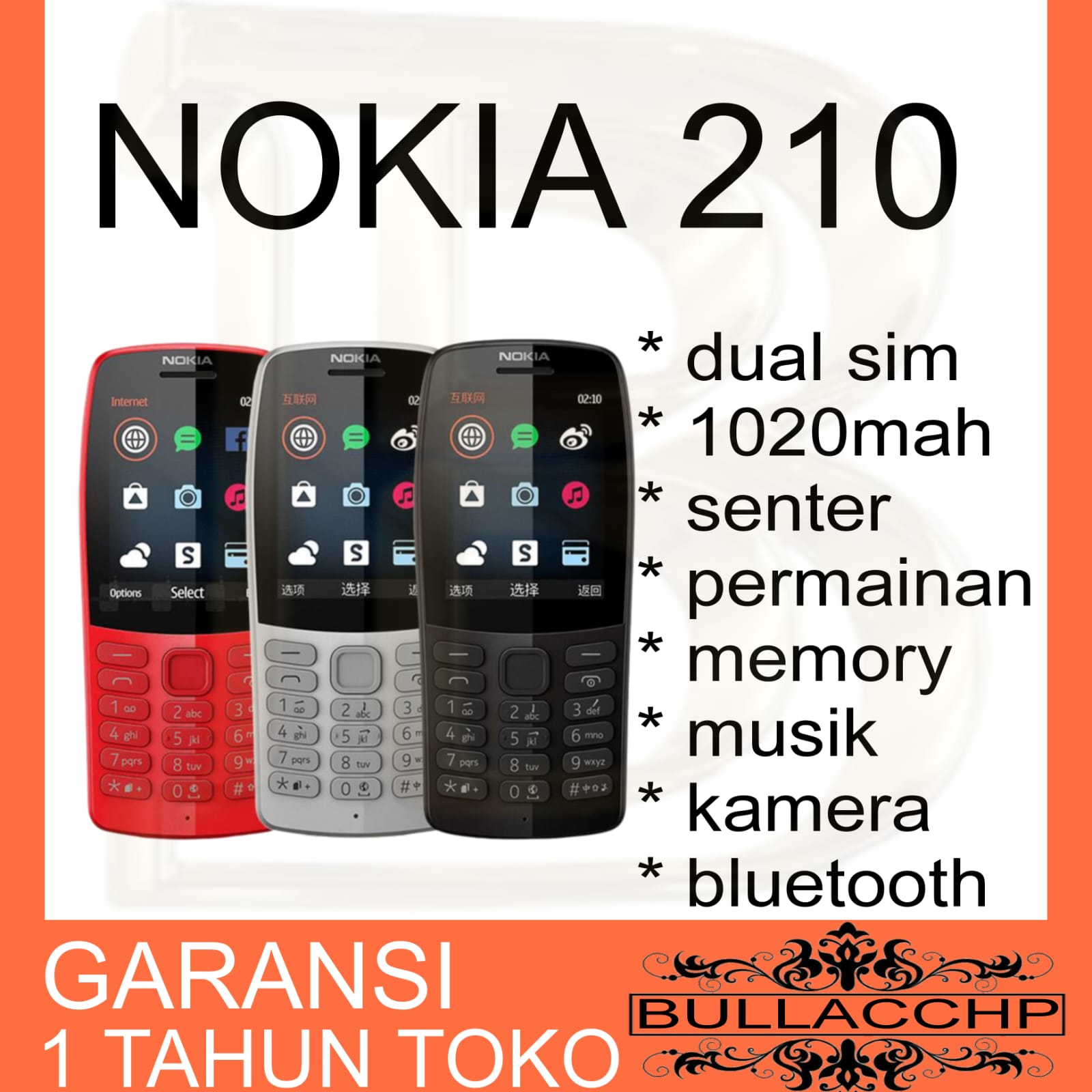 HP NOKIA 210 (BARU) [GARANSI 1 TAHUN] Memori, Musik, Kamera, Bluetooth, Radio, MP3, Micro SD Harga 160,900 rupiah*Gratis Ongkir