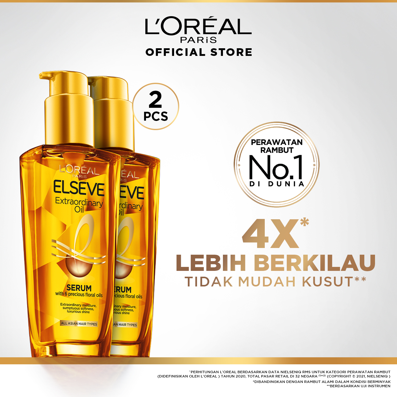 [Save Package 2] L'Oreal Paris elseve extraordinary oil gold hair treatment serum 100ml x 2PCs-silky hair luster in one use-from special flowers omega 3-twinpack hair vitamin treatment 100ml dry dull hair treatment Harga 250,400 rupiah*Gratis Ongkir