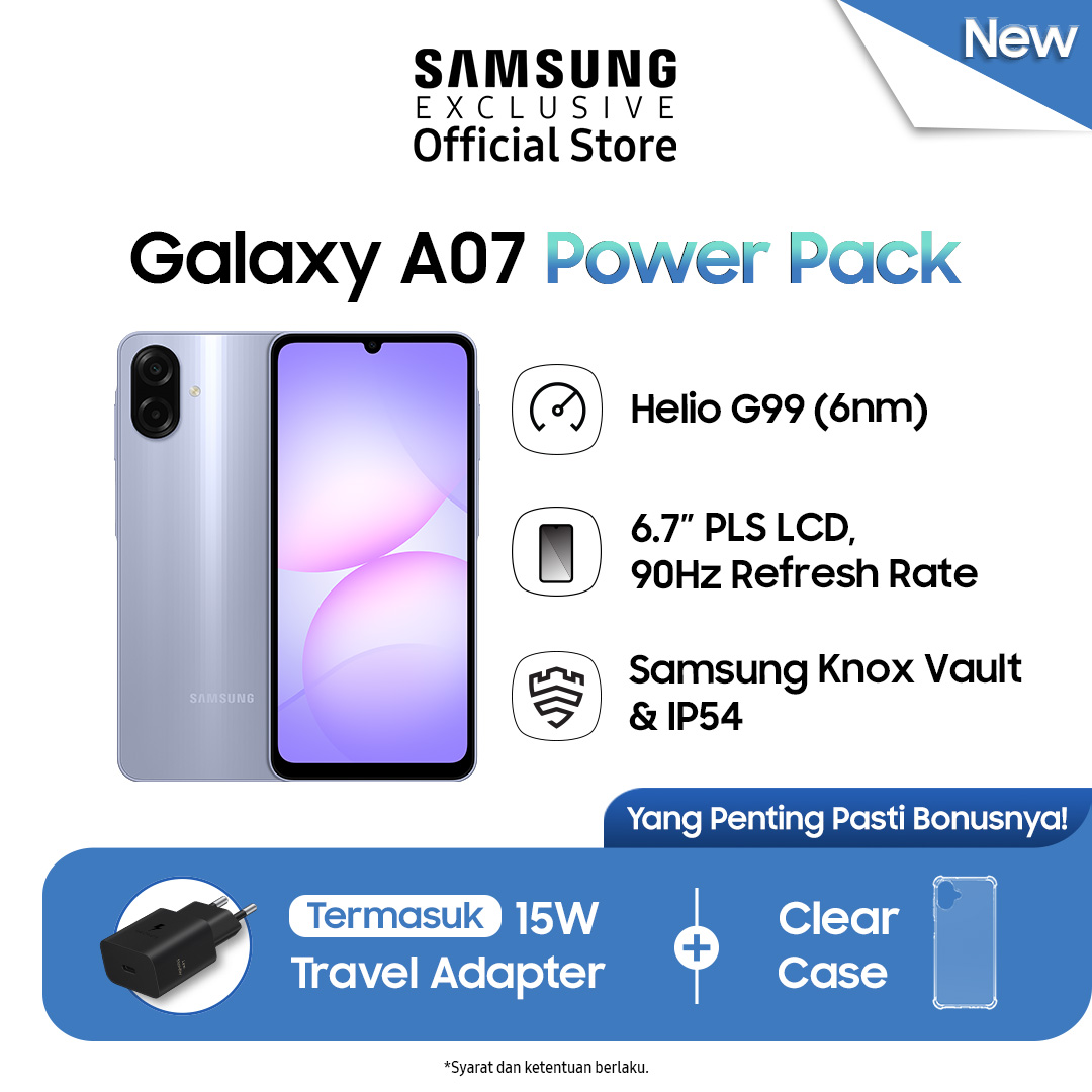 Samsung Galaxy A07 4/64Gb - Light Violet | Power Pack | Free Travel Adapter Harga 1,399,000 rupiah*Gratis Ongkir