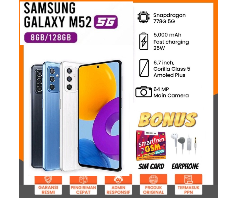 Samsung Galaxy M52 5G - RAM 8GB - Internal 128GB - Garansi Resmi Toko - Hitam Harga  3,120,000 Ringgit*Penghantaran Percuma