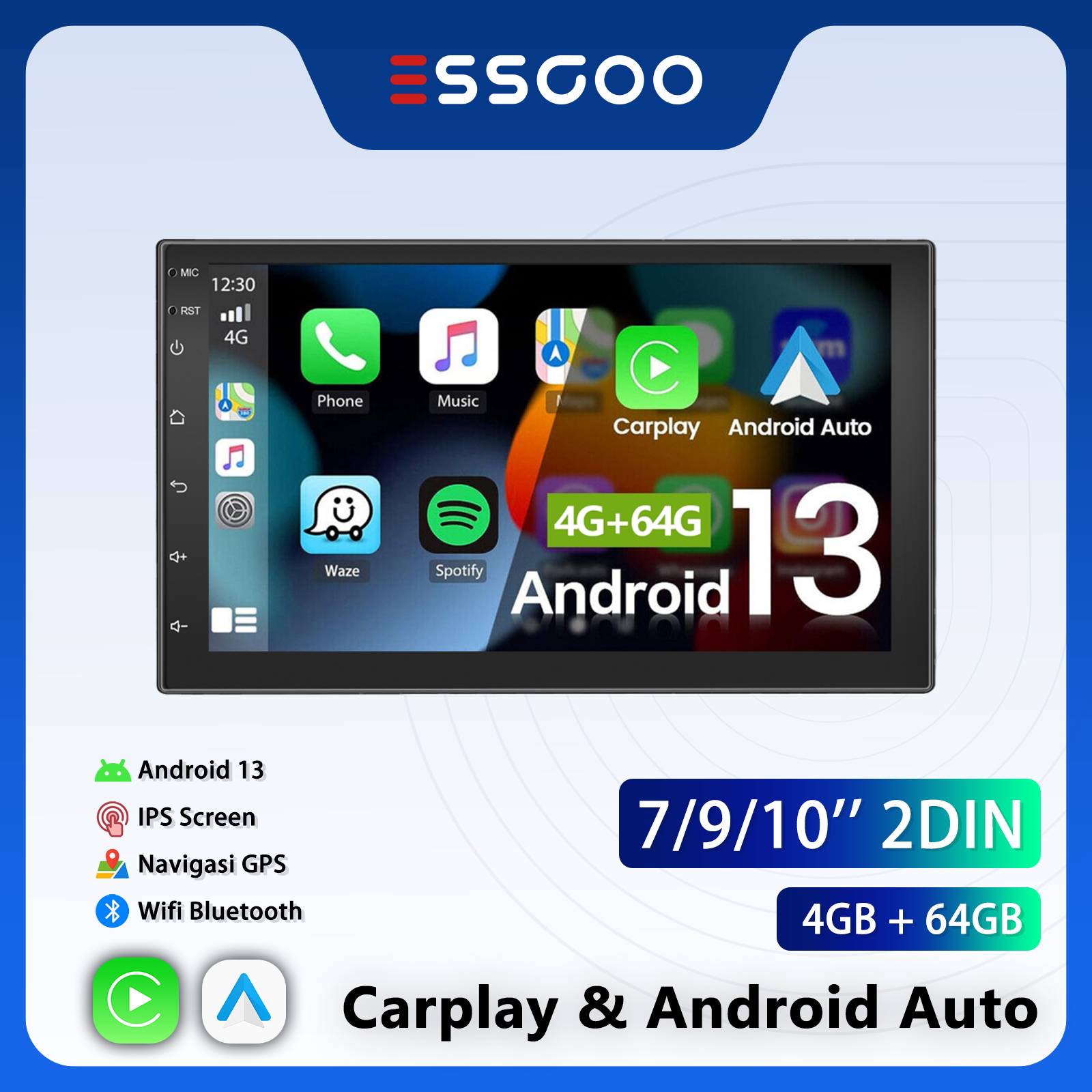 Essgoo 7 9 10 inch car headunit Android 13 4GB RAM 64GB ROM 2din radio stereo IPs WiFi Bluetooth GPS Harga 979,000 rupiah*Gratis Ongkir